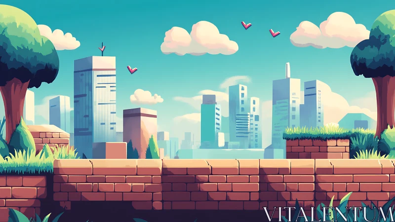 Stylized side-scrolling cityscape with lush platform foreground.