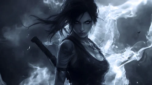 Dark-clad female fighter amid swirling monochrome smoke.