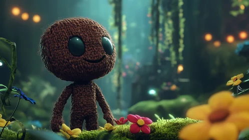 Textured yarn homunculus in luminous bokeh forest microcosm.