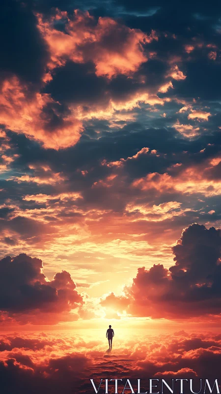 Silhouette walking above clouds under vivid sunset sky.