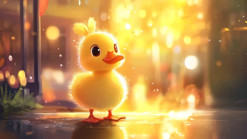 Radiant Duckling Glows in Golden Urban Reverie.