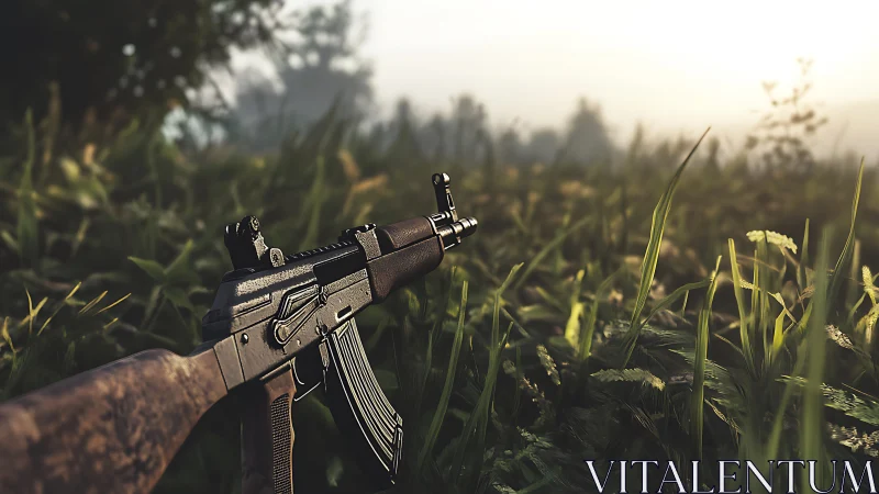 Assault rifle in dewy meadow with cinematic depth of field.