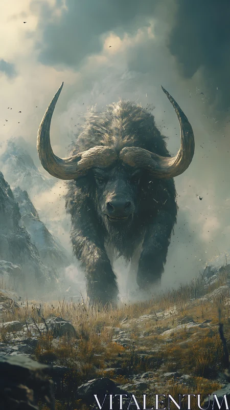 Colossal horned beast storms through misty mountain pass.