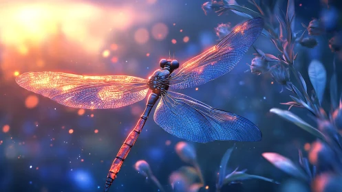 Luminous dragonfly drifting through dreamy evening light.
