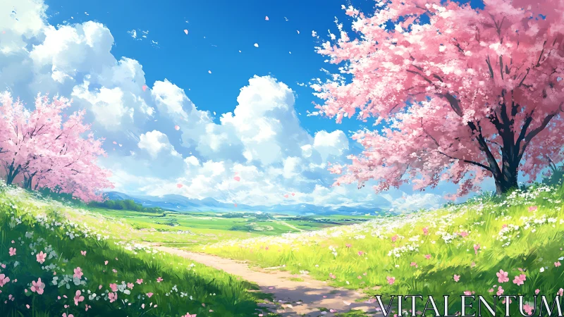 Spring meadow path with cherry trees under blue sky.