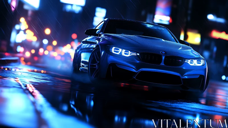 Blue sports sedan at night on wet neon city street.