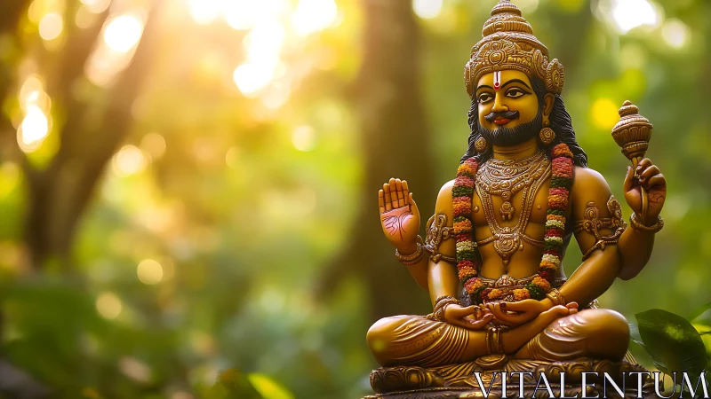 Golden Hindu deity statue sits in forest sunlight
