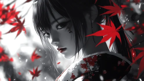 Monochrome kimono portrait with scarlet maple leaves framing gaze.