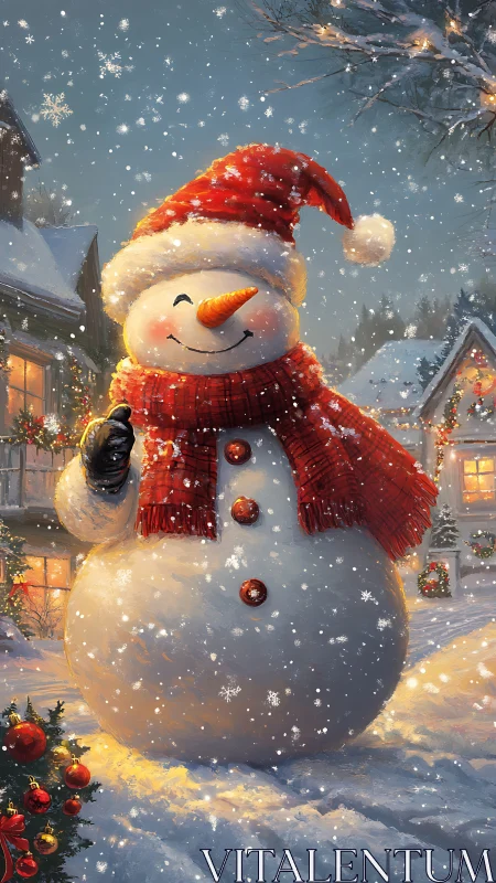 Smiling snowman in red hat on cozy winter street.