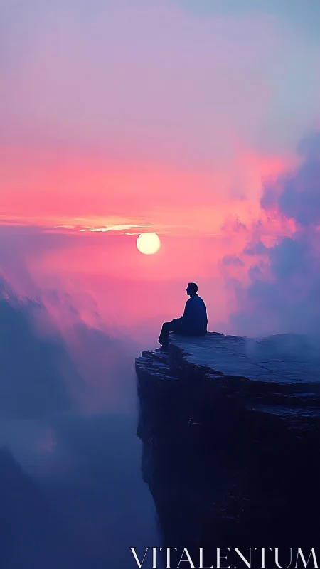 Quiet soul resting at sunset on a dreamy cliff edge.