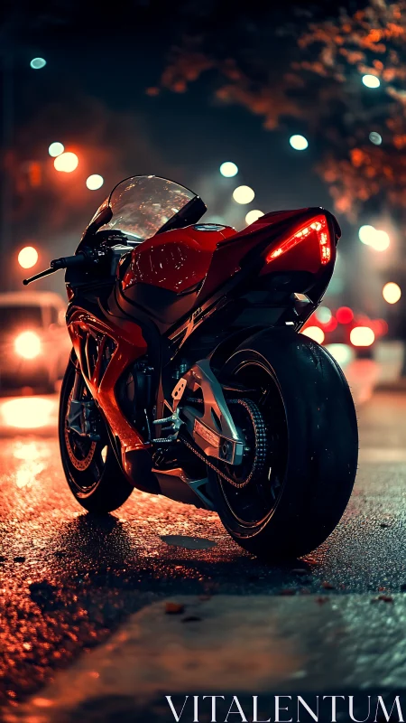 Red superbike on wet city street under cinematic bokeh.