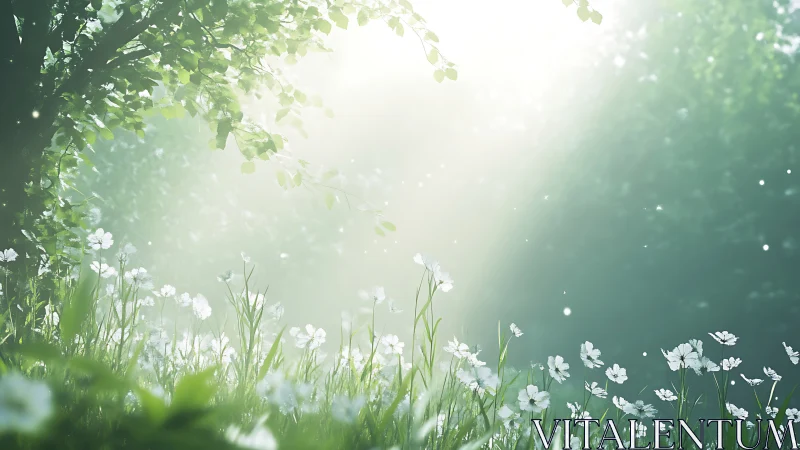 Morning sunlight pours over tranquil wildflower meadow.