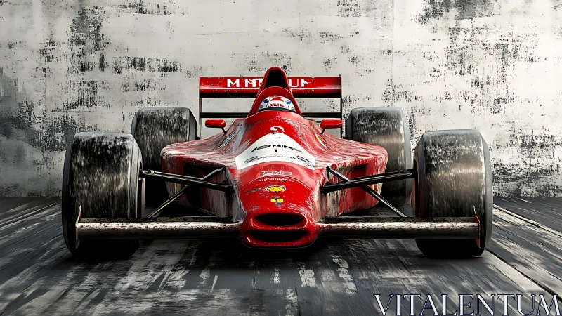 Scarlet speed fiend idling against a grunge-scarred wall.