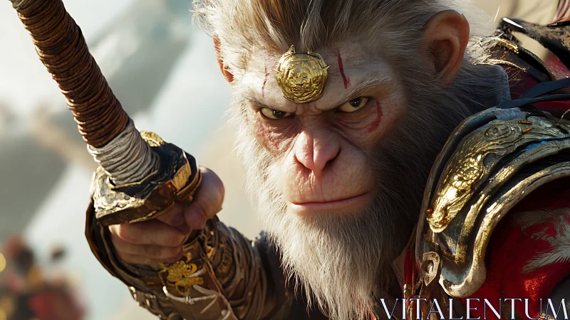 Warrior monkey hero glares forward, gripping ornate staff tightly.