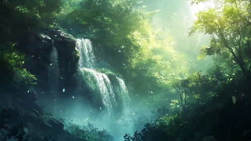 Luminous Waterfall Cascading Through Misty Forest Canopy