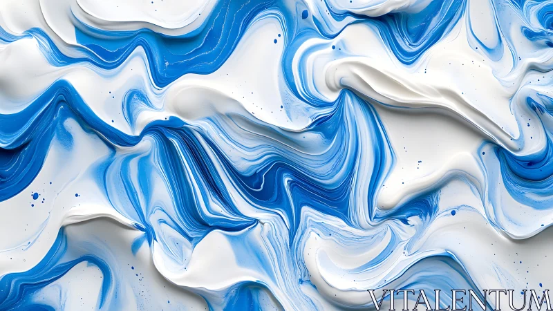 Blue and white fluid paint waves in abstract motion.