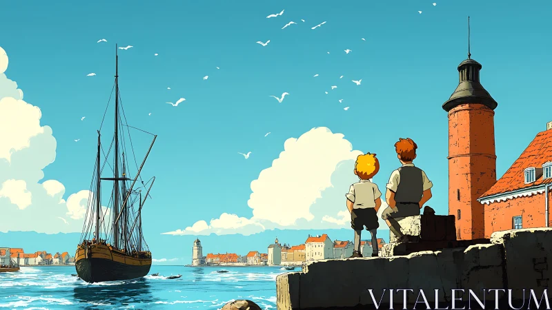 Coastal harbor scene depicts two boys observing a departing ship