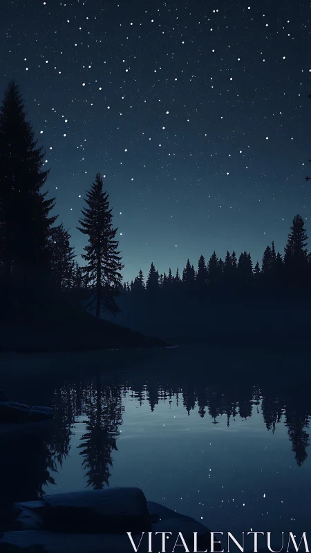 Starlit forest lake rests in deep blue midnight silence