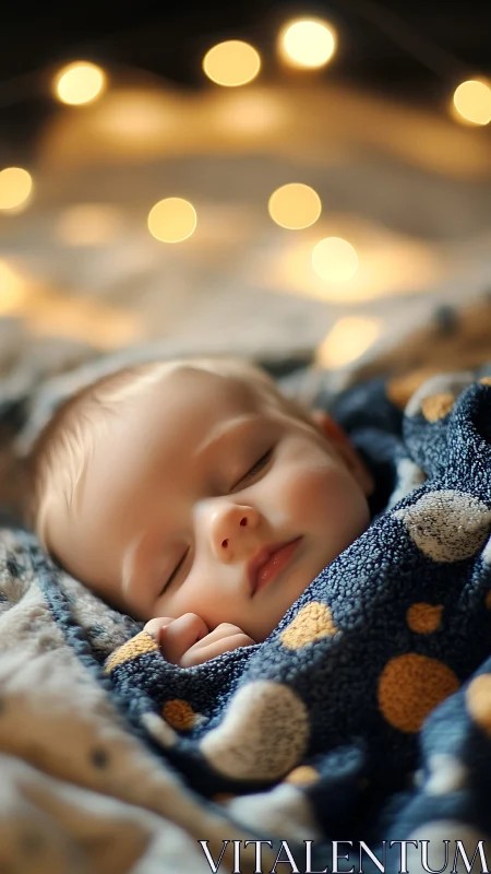 Sleeping baby wrapped in blanket under warm string lights