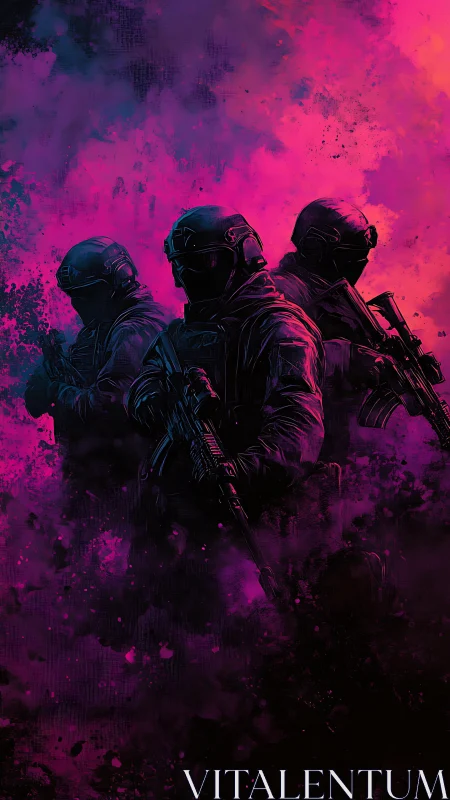Triangular tactical squad in neon magenta vapor field.
