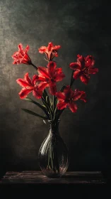Scarlet Blooms Dance in Obsidian Glass Depths