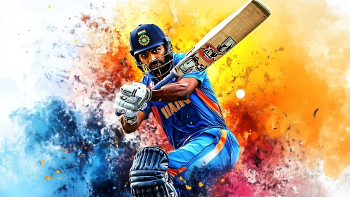 Dynamic cricket batsman rendered with splatter gradients and motion