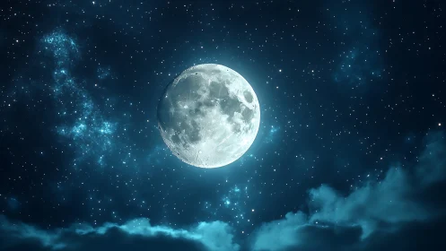 Full moon over starfield sky with glowing blue clouds.