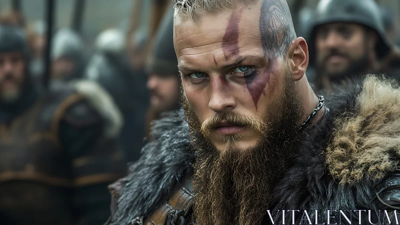 Viking warrior portrait with war paint and fur armor focus.