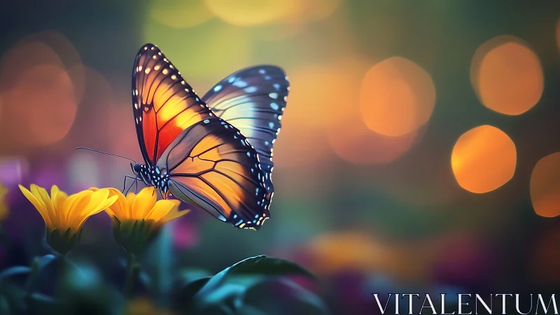 Luminous butterfly pauses mid-bloom as evening bokeh awakens