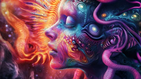 Profile of stylized human face amid abstract neon patterns.