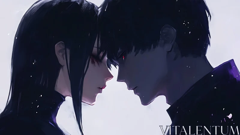 Dark haired couple in close, tense anime profile pose.