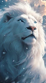 White lion portrait with blue eyes in falling snow.