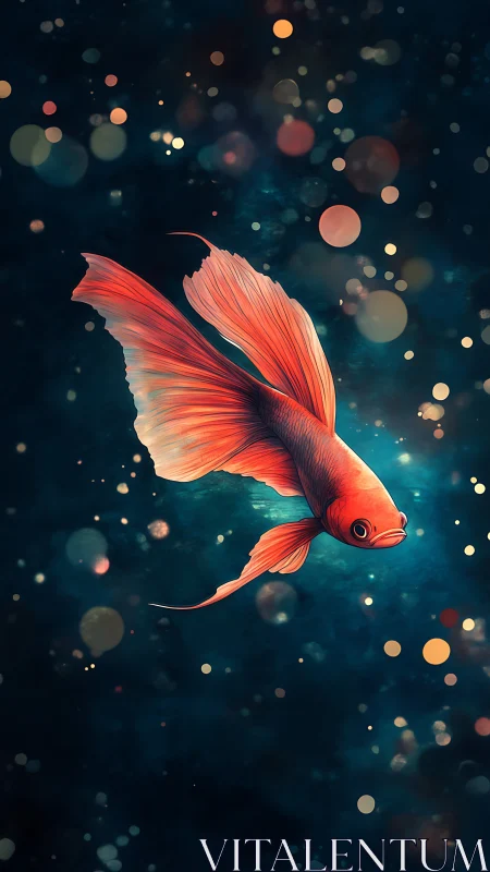 Orange betta fish on dark teal aquatic bokeh field.