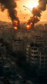 Urban skyline under heavy airstrike with burning high-rises