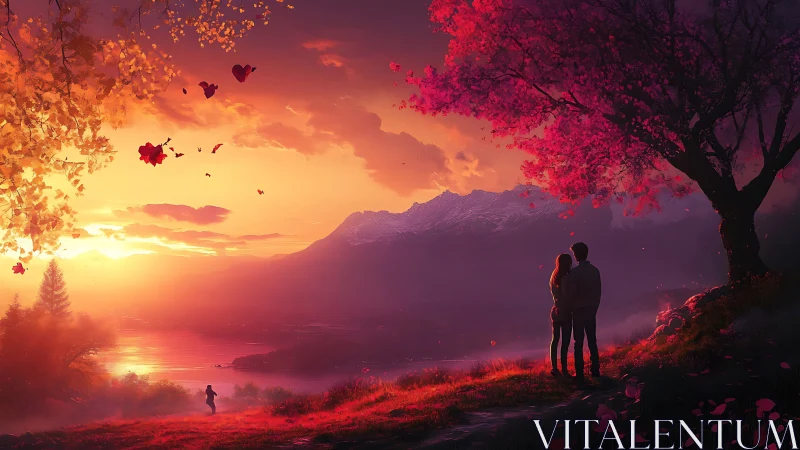 Lovers' Twilight Over Alpine Lake with Cherry Blossoms.