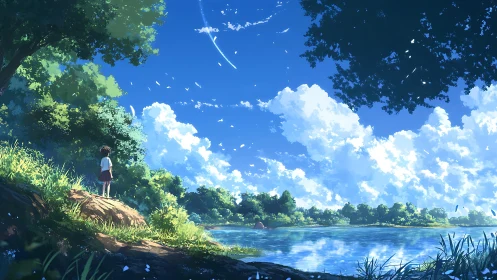 Solitary child overlooking reflective riverside under cumulus sky