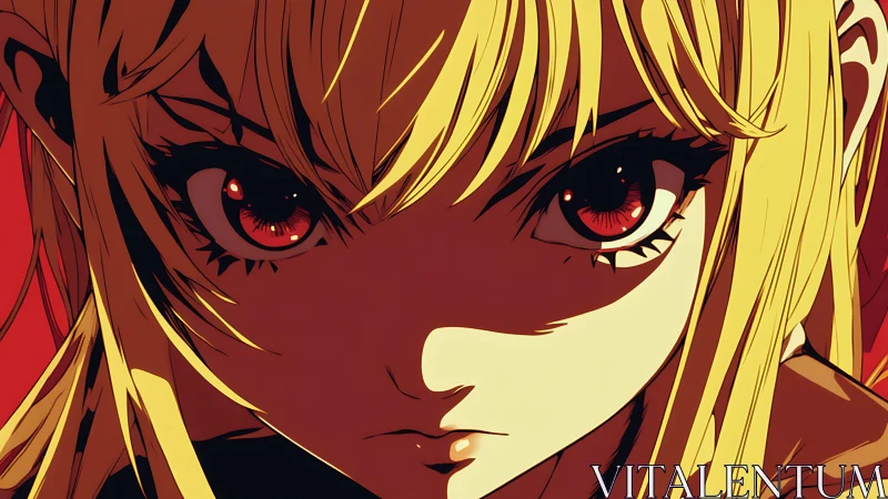 Intense anime heroine stares forward in burning red light.