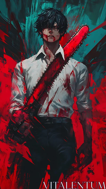 Bloodied man holds chainsaw against abstract red backdrop