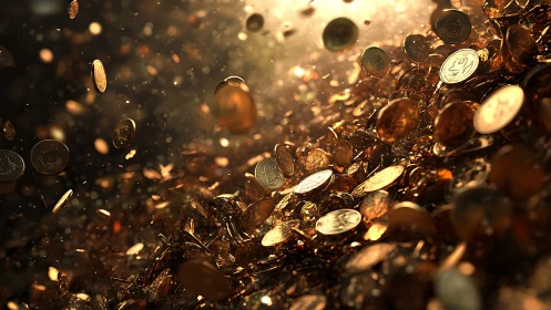 Golden coins tumbling in warm light, swirling like playful treasure.