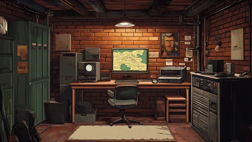 Brick wall basement office shows retro computer workstation