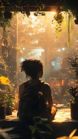 Backlit traveler in lush indoor garden sanctuary at dusk.