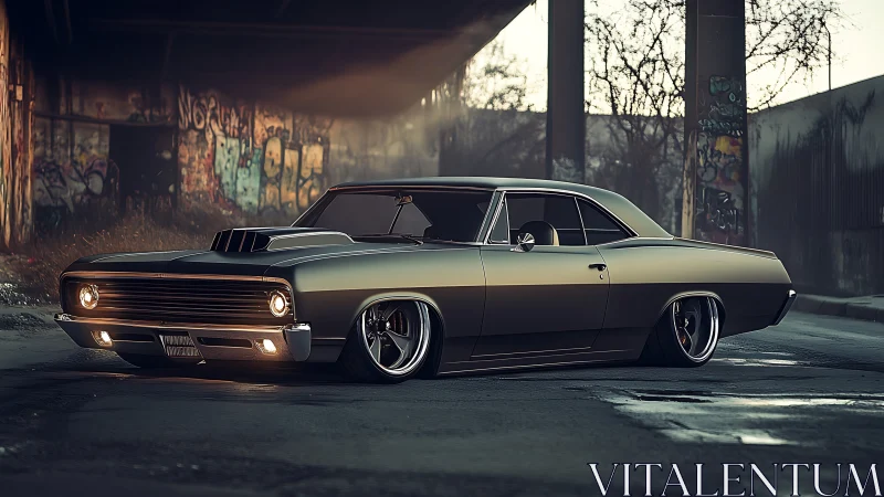 Custom muscle car parked in gritty urban underpass scene.