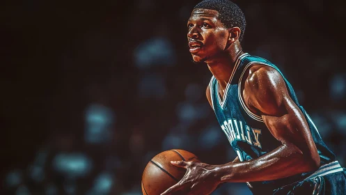 Focused basketball player prepares to shoot under arena lights.