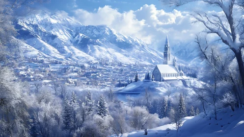 Winterlit hilltop church watching over a silver valley.