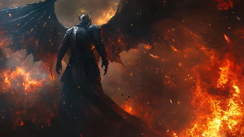 Dark winged warrior rises calmly within roaring firestorm