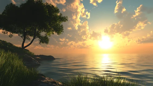 Sunlit shoreline dream where grasses whisper to the sea.