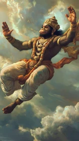 Skyborne monkey deity draped in sunlit garlands of power.