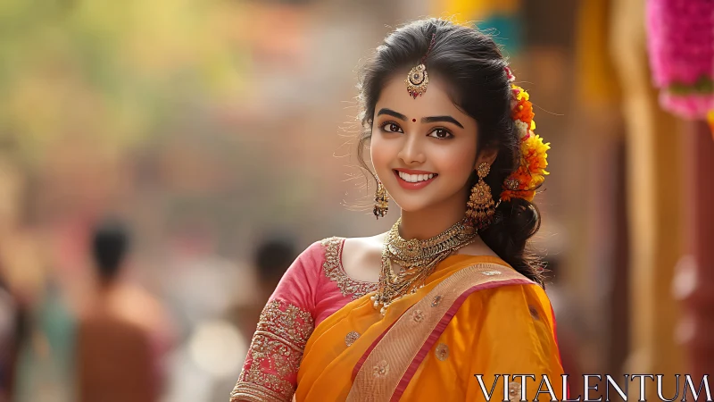 Woman in traditional Indian attire in outdoor urban setting.