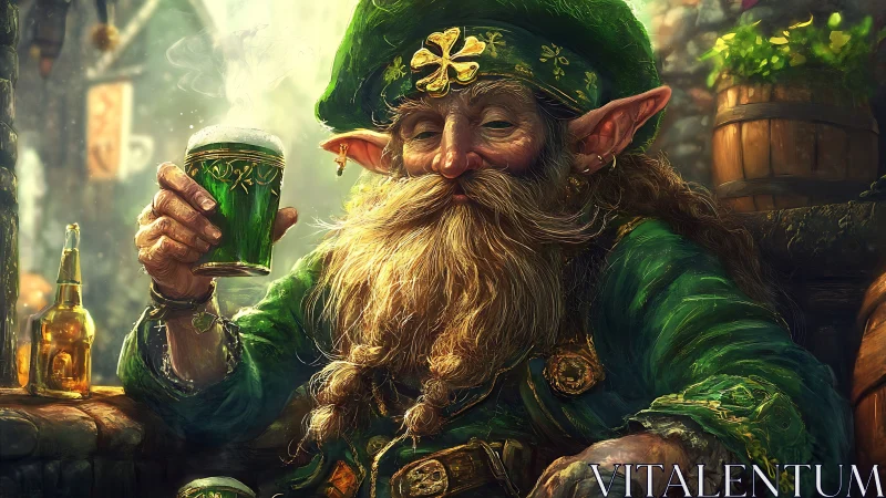 Bearded tavern leprechaun toasts with swirling green ale