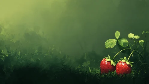 Strawberry plant in dense green foliage background field.